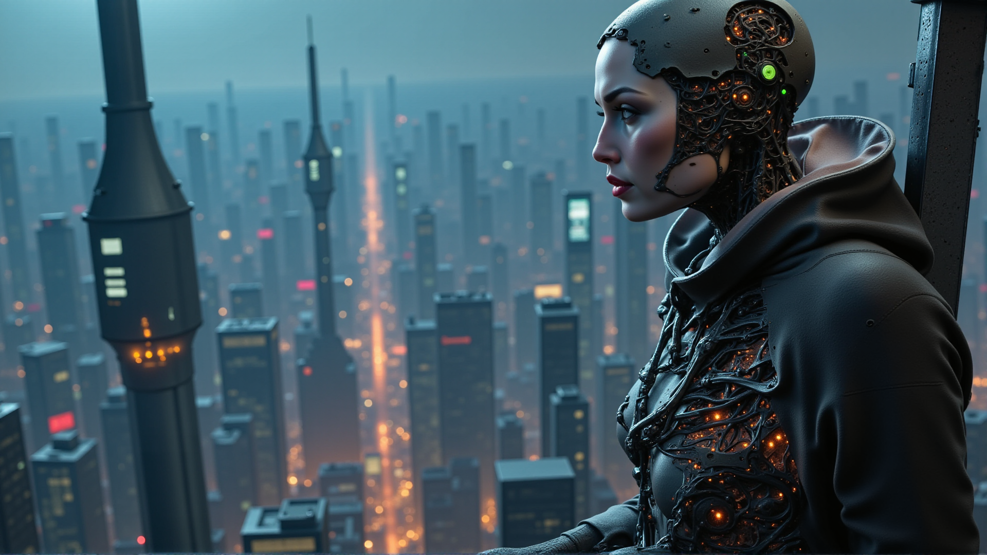 AI generated wallpaper featuring robot, cyborg, cityscape, skyscraper, neon