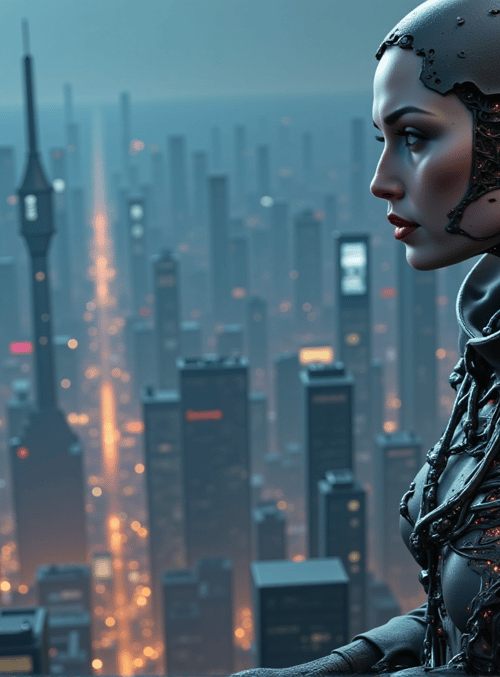 robot, cyborg, cityscape, skyscraper, neon