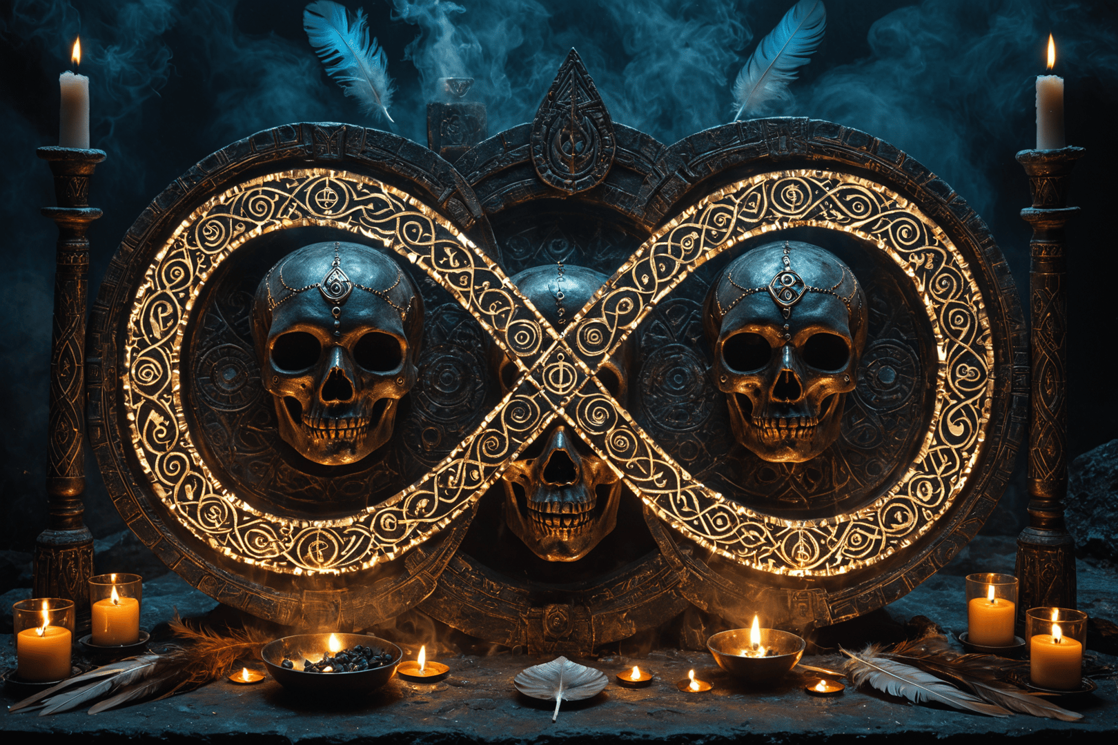 AI generated wallpaper featuring skulls, candles, feathers