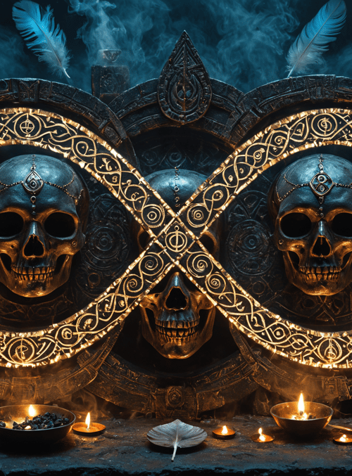skulls, candles, feathers