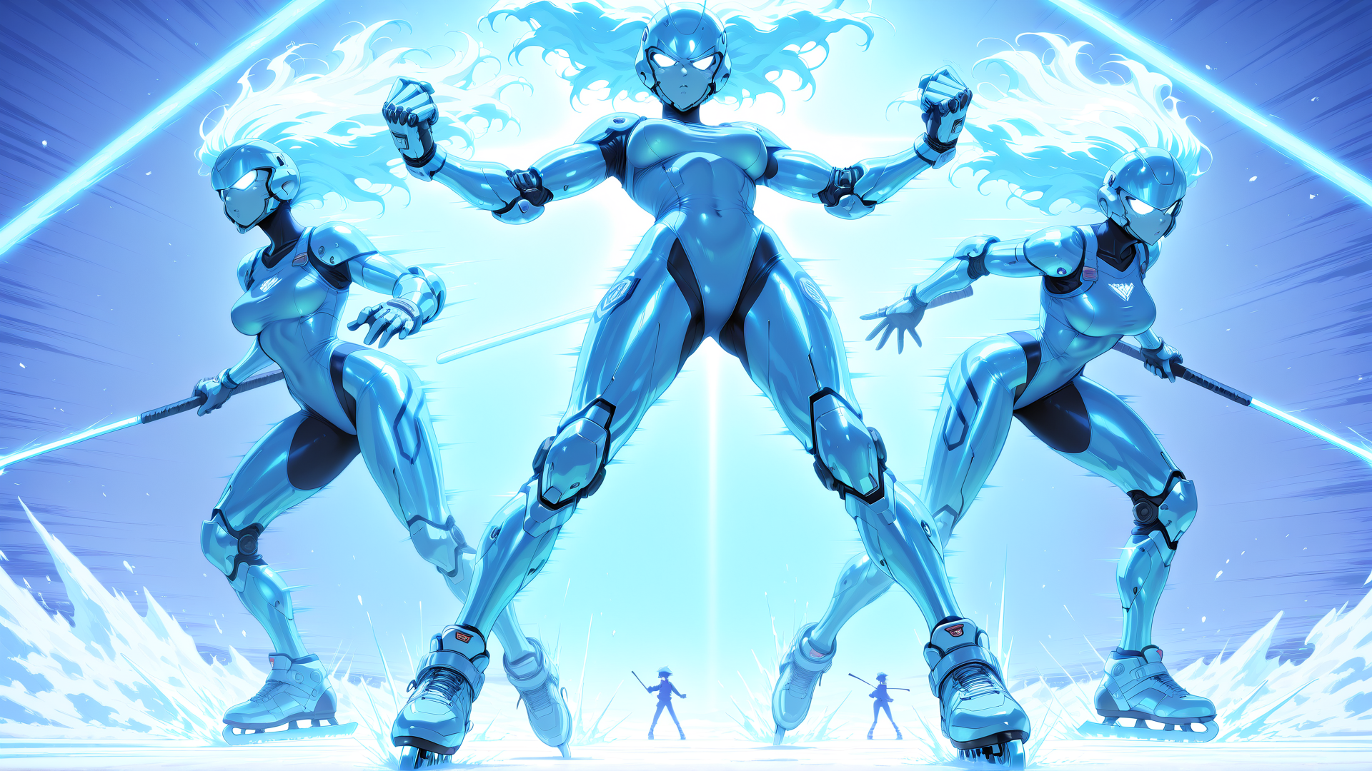 AI generated wallpaper featuring cyborg, skater, robot, fencer, character, anime, figure, swordsman, helmet, armor