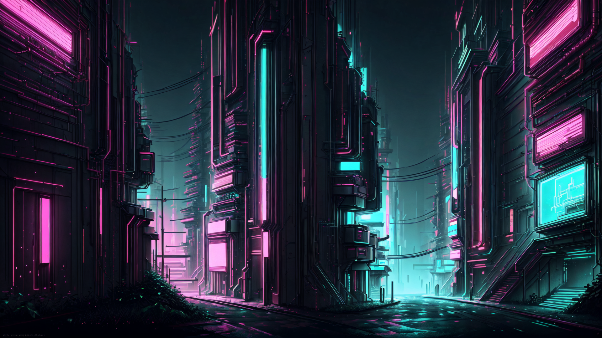 AI generated wallpaper featuring neon, cityscape, buildings, street, structures, signs, lighting, tech, urban, architecture