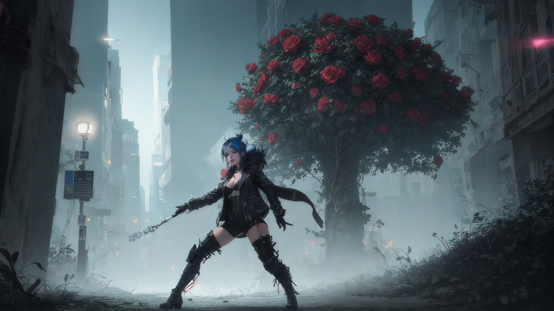 AI generated wallpaper featuring woman, tree, city
