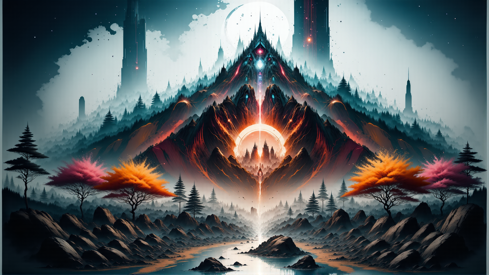 AI generated wallpaper featuring mountain, castle, trees, river, moon, buildings, hills, light, ring, stars