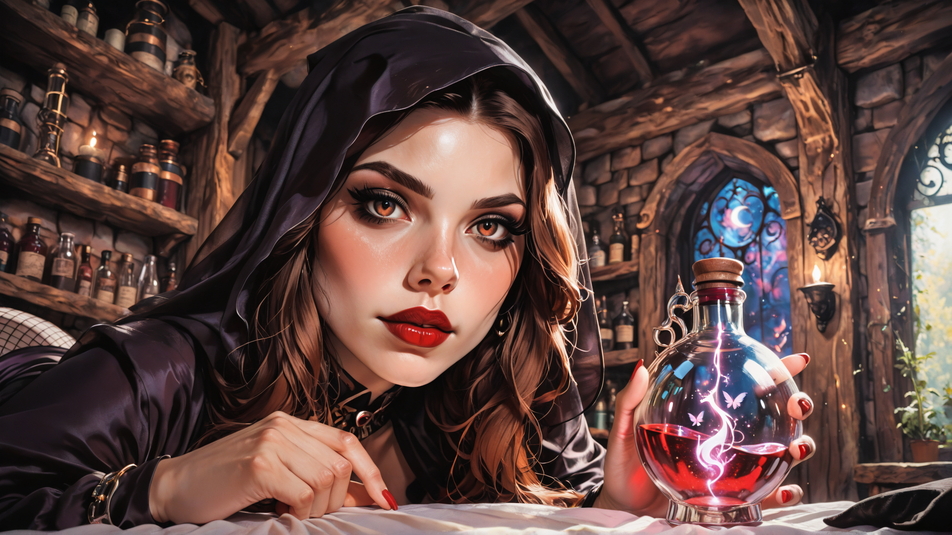 AI generated wallpaper featuring witch, woman, bottle, butterfly, candle, shelves, glass, hood, book, table