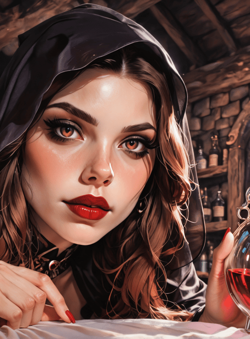 witch, woman, bottle, butterfly, candle, shelves, glass, hood, book, table