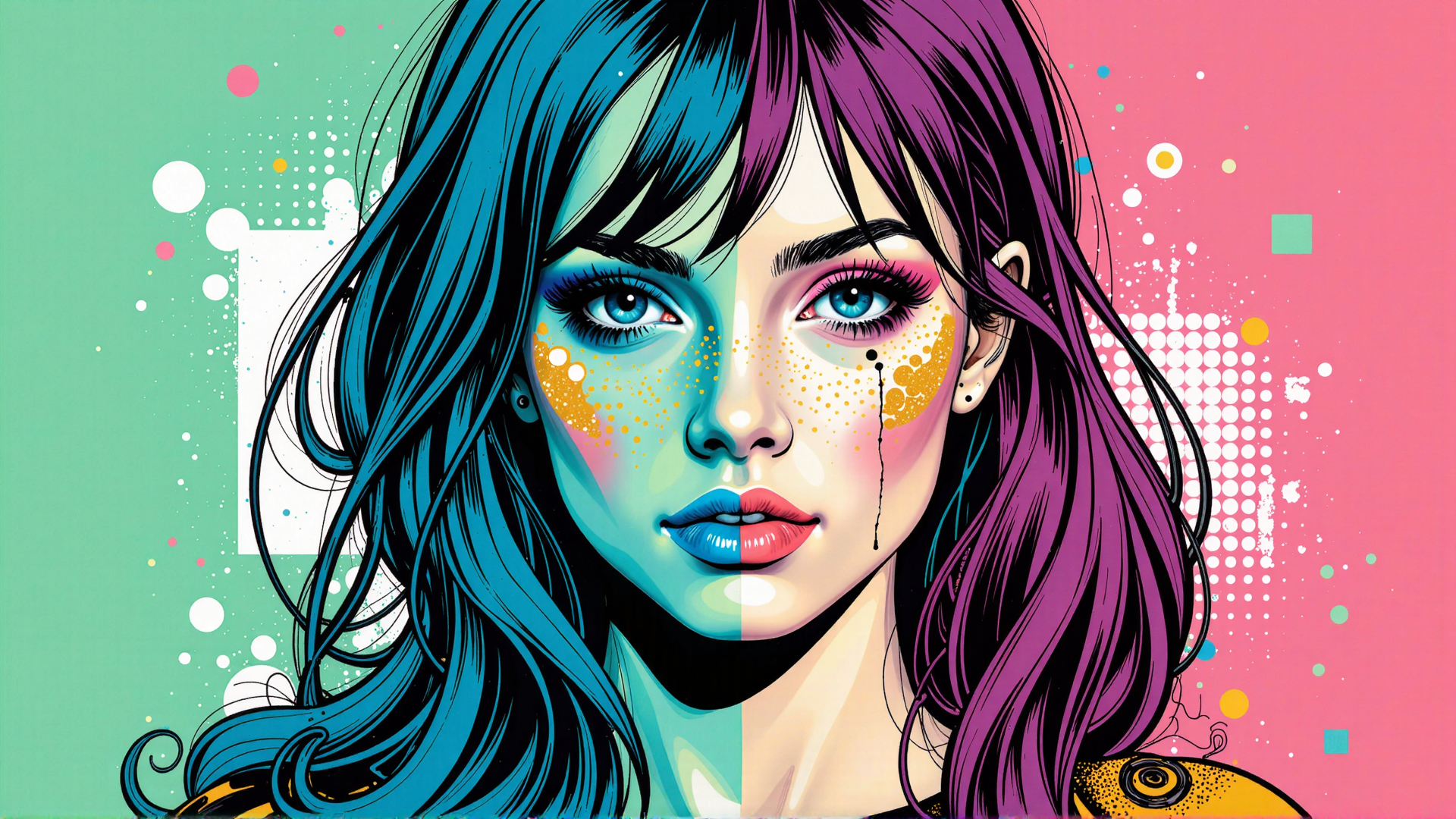 AI generated wallpaper featuring woman, hair, face, dots, teardrop