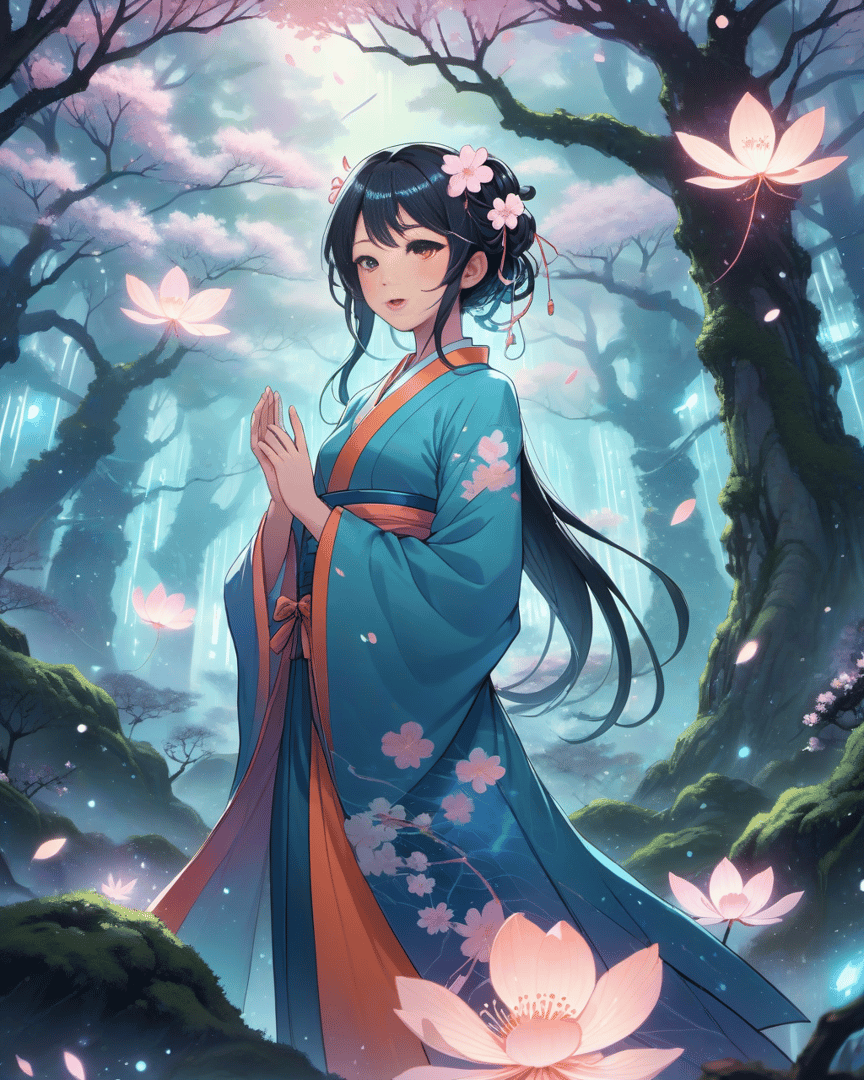AI generated wallpaper featuring woman, cherry blossom, lotus