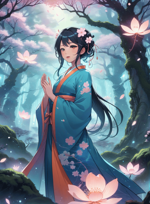 woman, cherry blossom, lotus