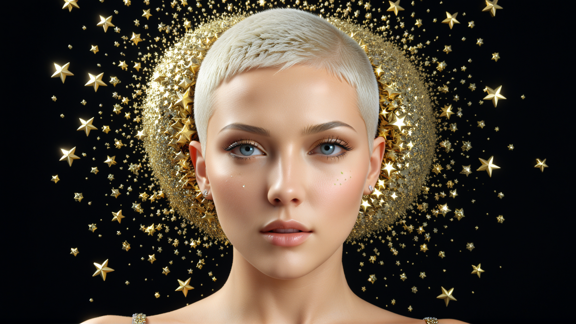 AI generated wallpaper featuring woman, stars, hair, earrings, shoulders
