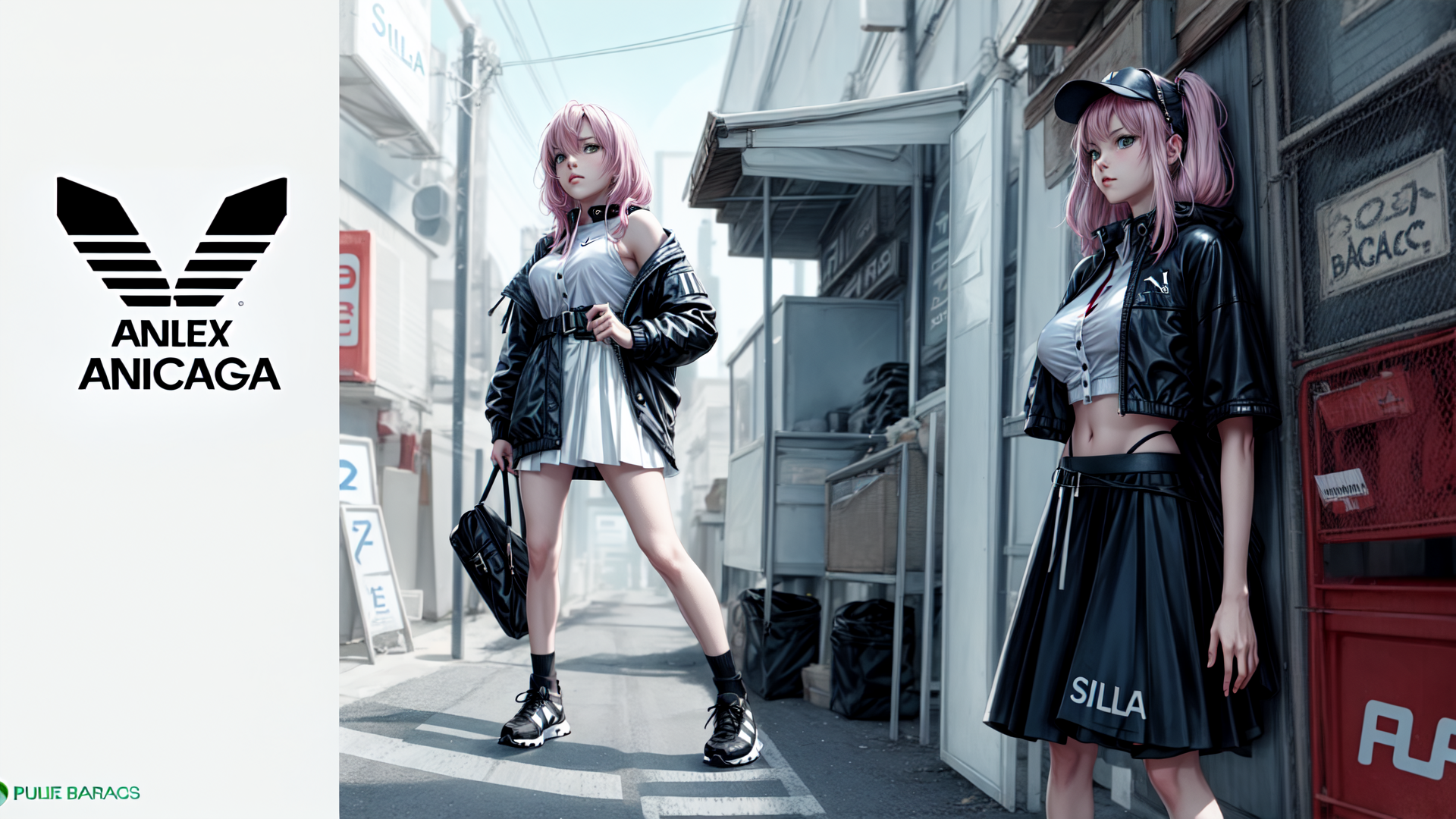 AI generated wallpaper featuring anime girl, street, jacket, skirt, sneakers, hat