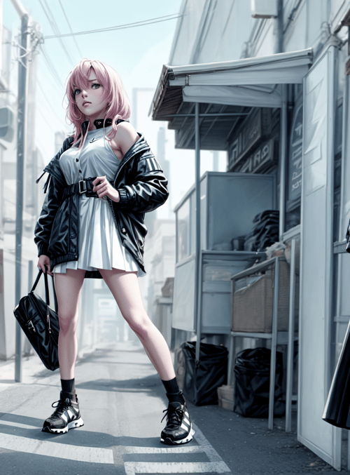 anime girl, street, jacket, skirt, sneakers, hat