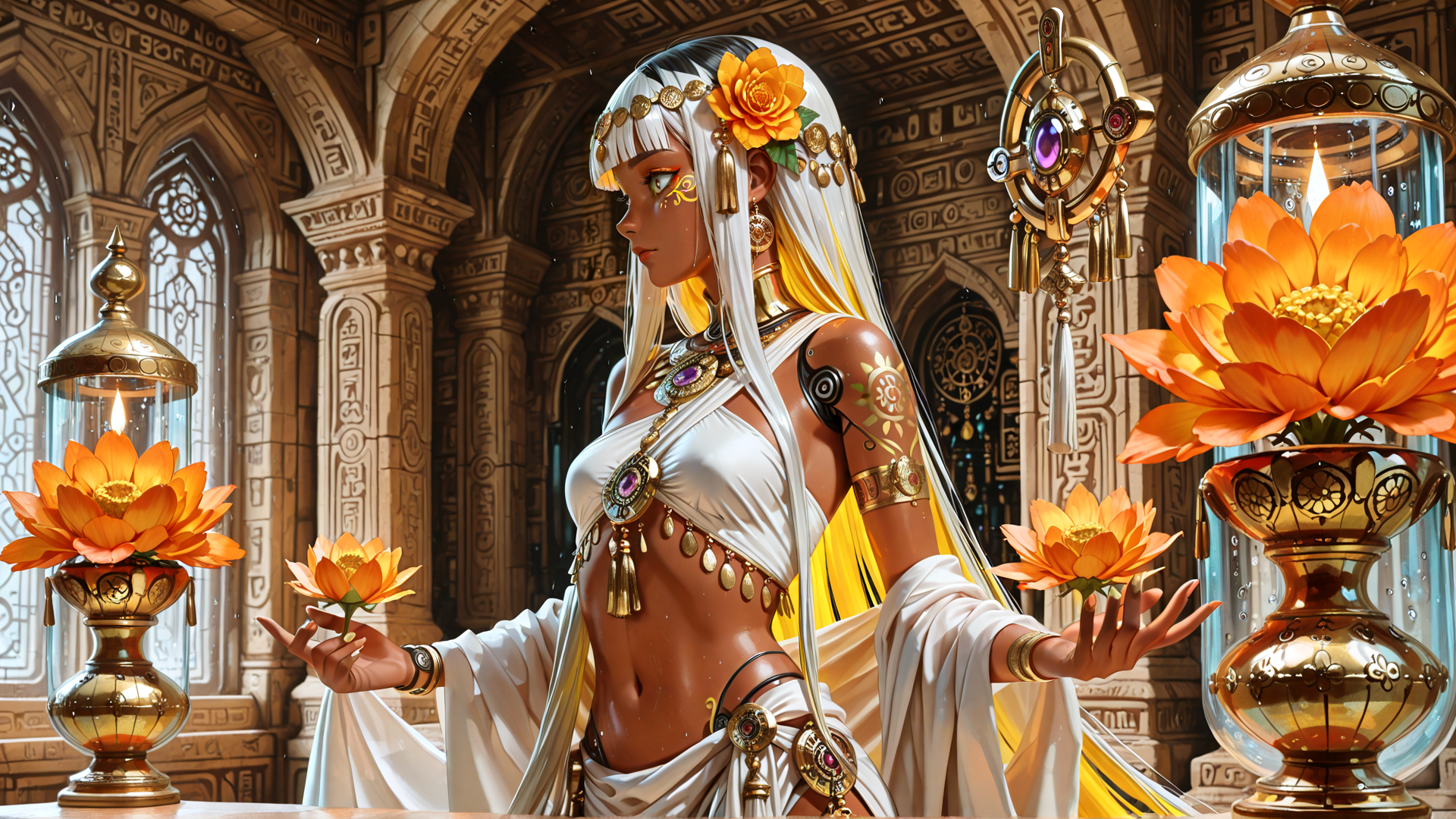 AI generated wallpaper featuring woman, lotus, lantern, jewelry, architecture