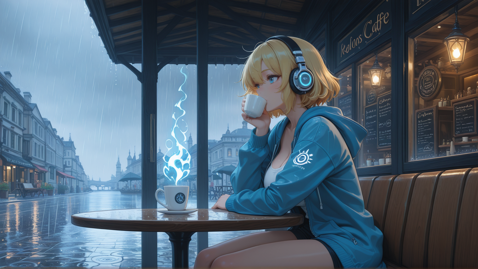 AI generated wallpaper featuring girl, coffee, headphones, cafe, rain, street, table, umbrella, building, cup