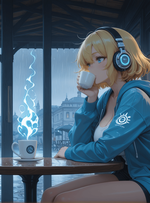 girl, coffee, headphones, cafe, rain, street, table, umbrella, building, cup