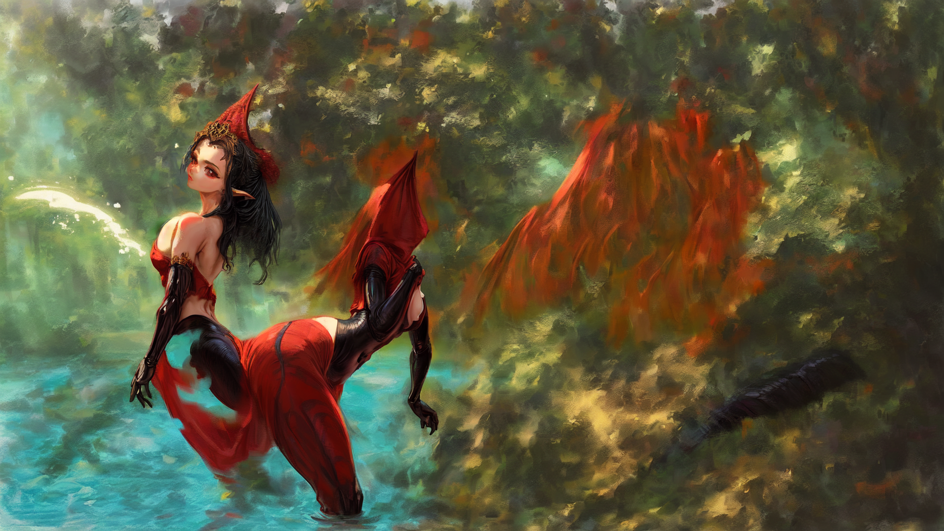 AI generated wallpaper featuring elf, femme, demon