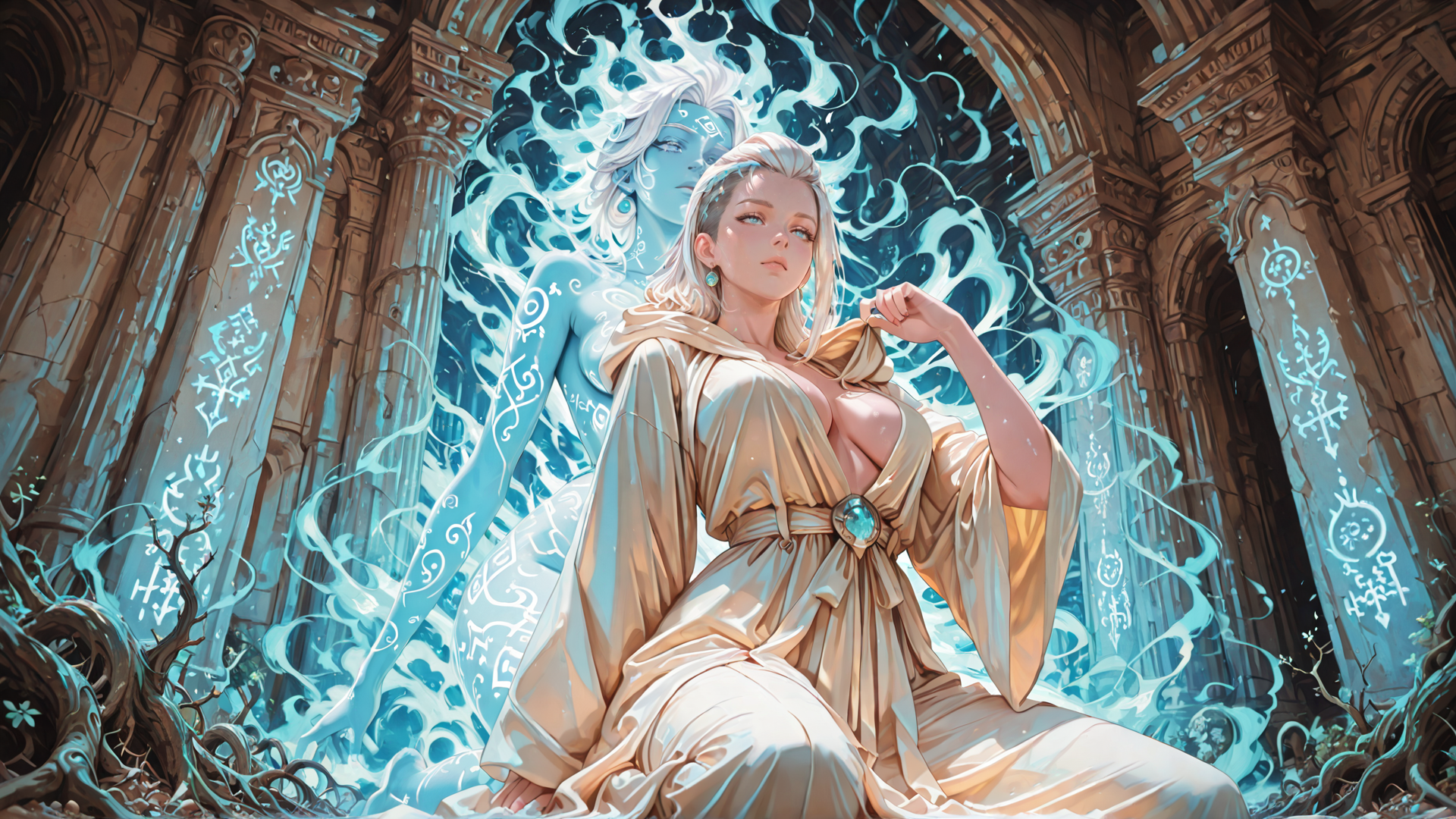 AI generated wallpaper featuring woman, goddess, ancient temple, magic, sorceress, columns, symbols, blue aura, robes, crown
