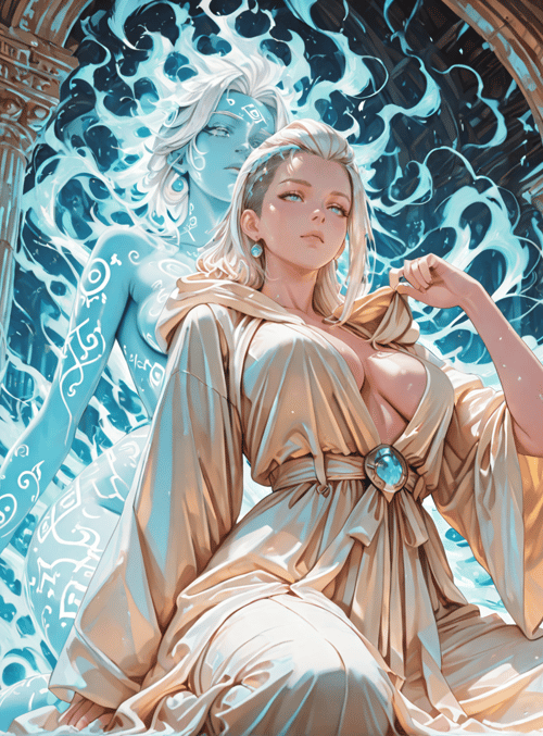 woman, goddess, ancient temple, magic, sorceress, columns, symbols, blue aura, robes, crown