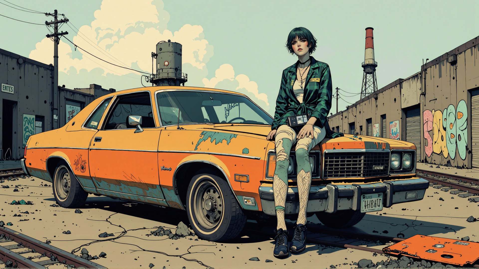 AI generated wallpaper featuring woman, car, graffiti, industrial, railroad, building, street, power lines, skyscraper, utility
