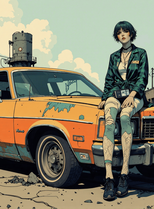 woman, car, graffiti, industrial, railroad, building, street, power lines, skyscraper, utility