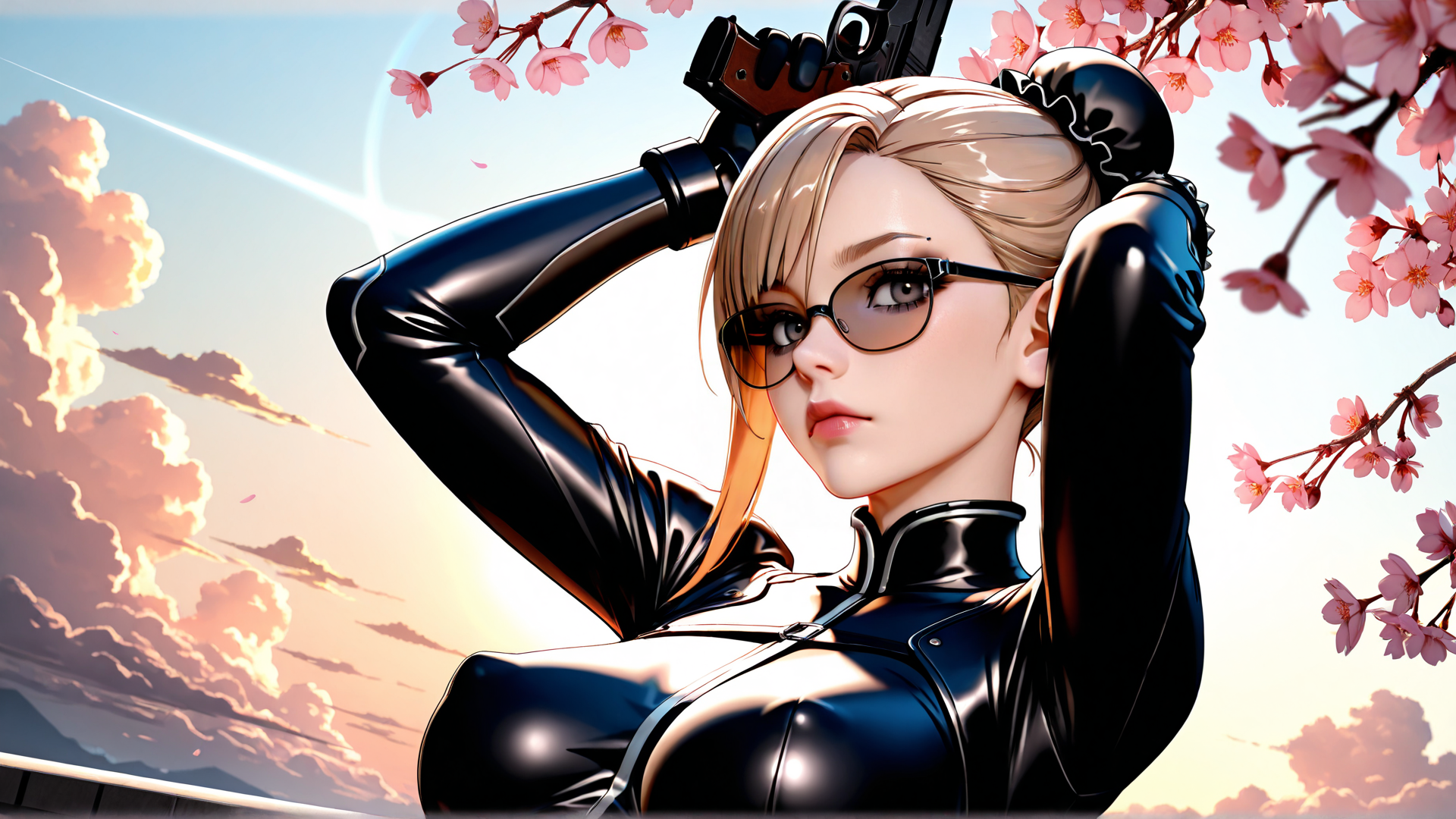 AI generated wallpaper featuring woman, gun, cherry blossoms, glasses, latex suit