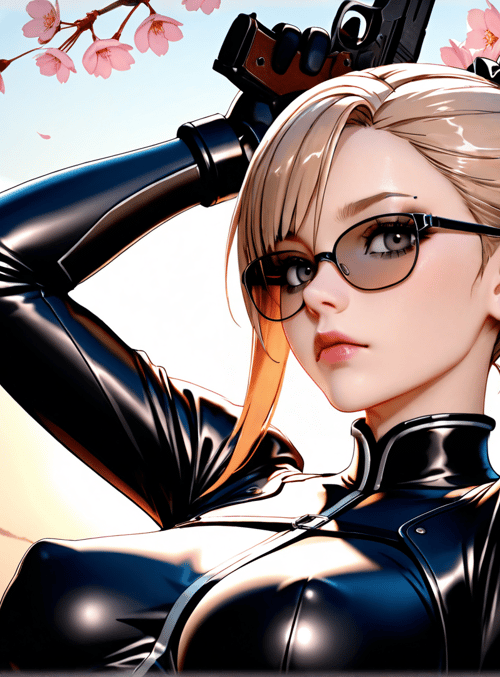 woman, gun, cherry blossoms, glasses, latex suit