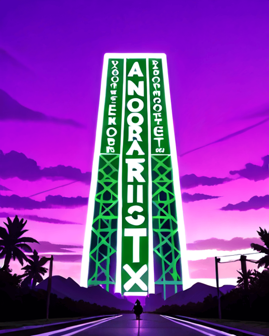 AI generated wallpaper featuring tower, road, palm trees