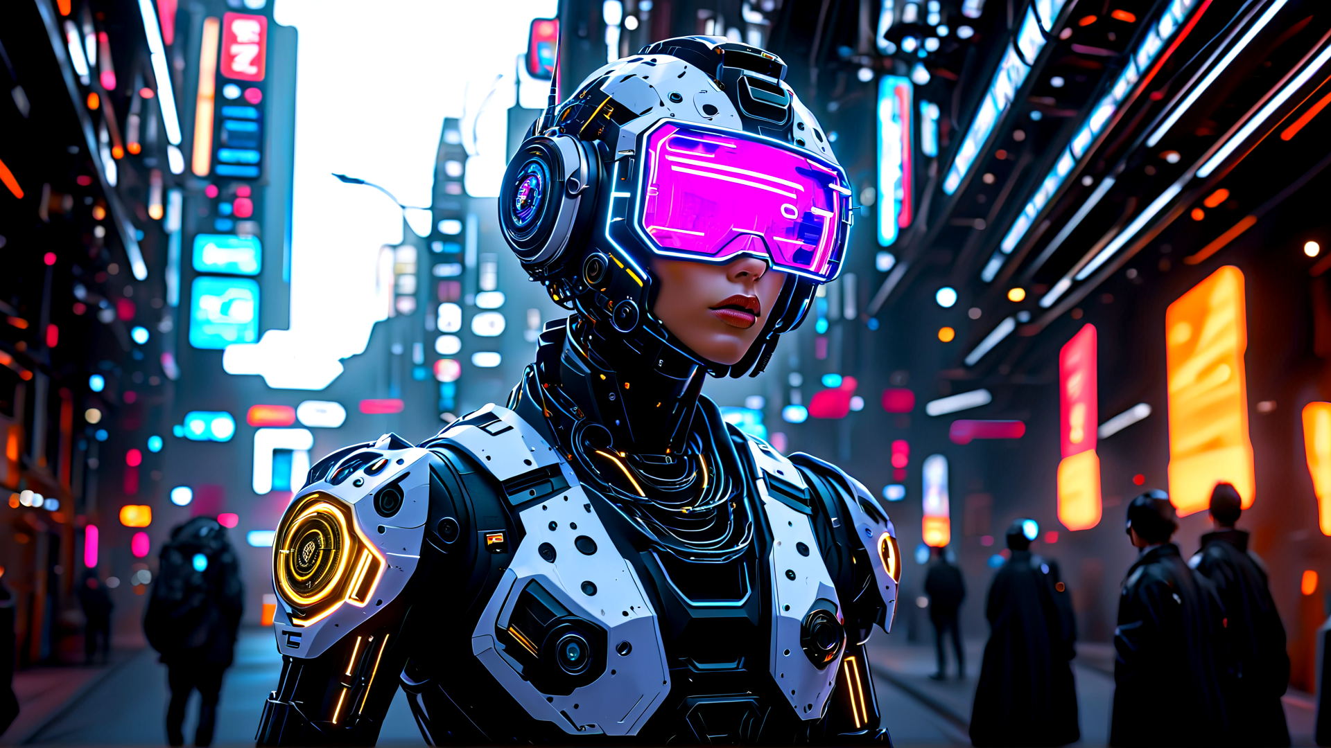 AI generated wallpaper featuring robot, cyborg, neon, cityscape, street, helmet, goggles, people, buildings, signs