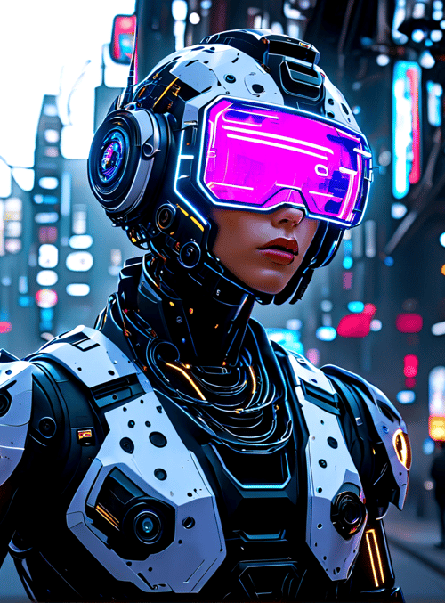 robot, cyborg, neon, cityscape, street, helmet, goggles, people, buildings, signs