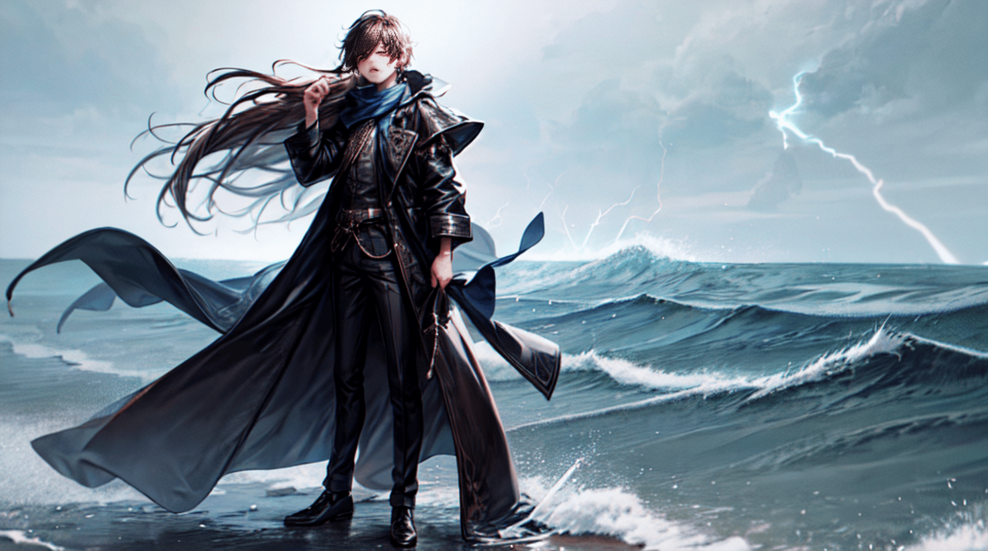 AI generated wallpaper featuring man, cape, ocean
