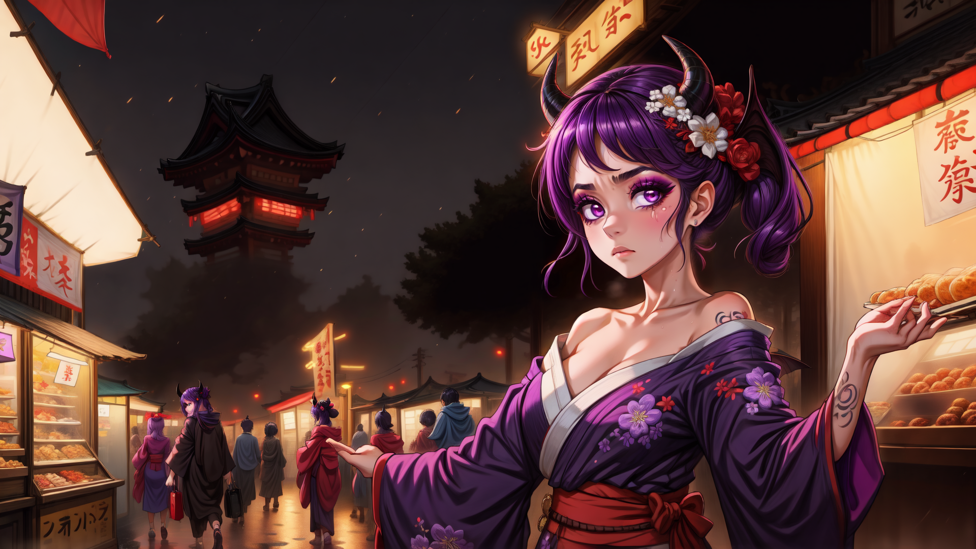 AI generated wallpaper featuring girl, kimono, horn, flower, market, food, building, people, sign, bakery