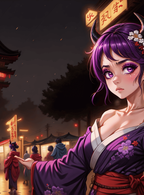 girl, kimono, horn, flower, market, food, building, people, sign, bakery