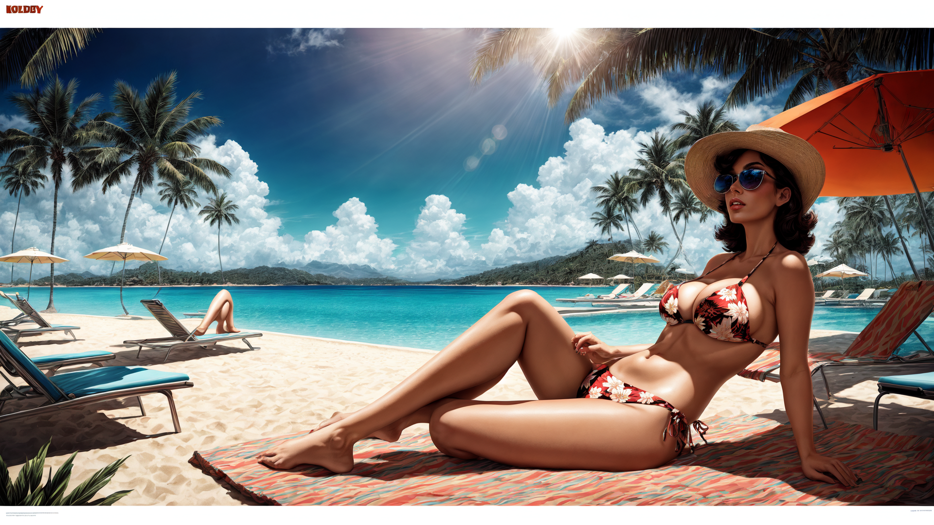 AI generated wallpaper featuring woman, beach, palm tree, umbrella, sun, chaise lounge, swimwear, sand, sky, cloud