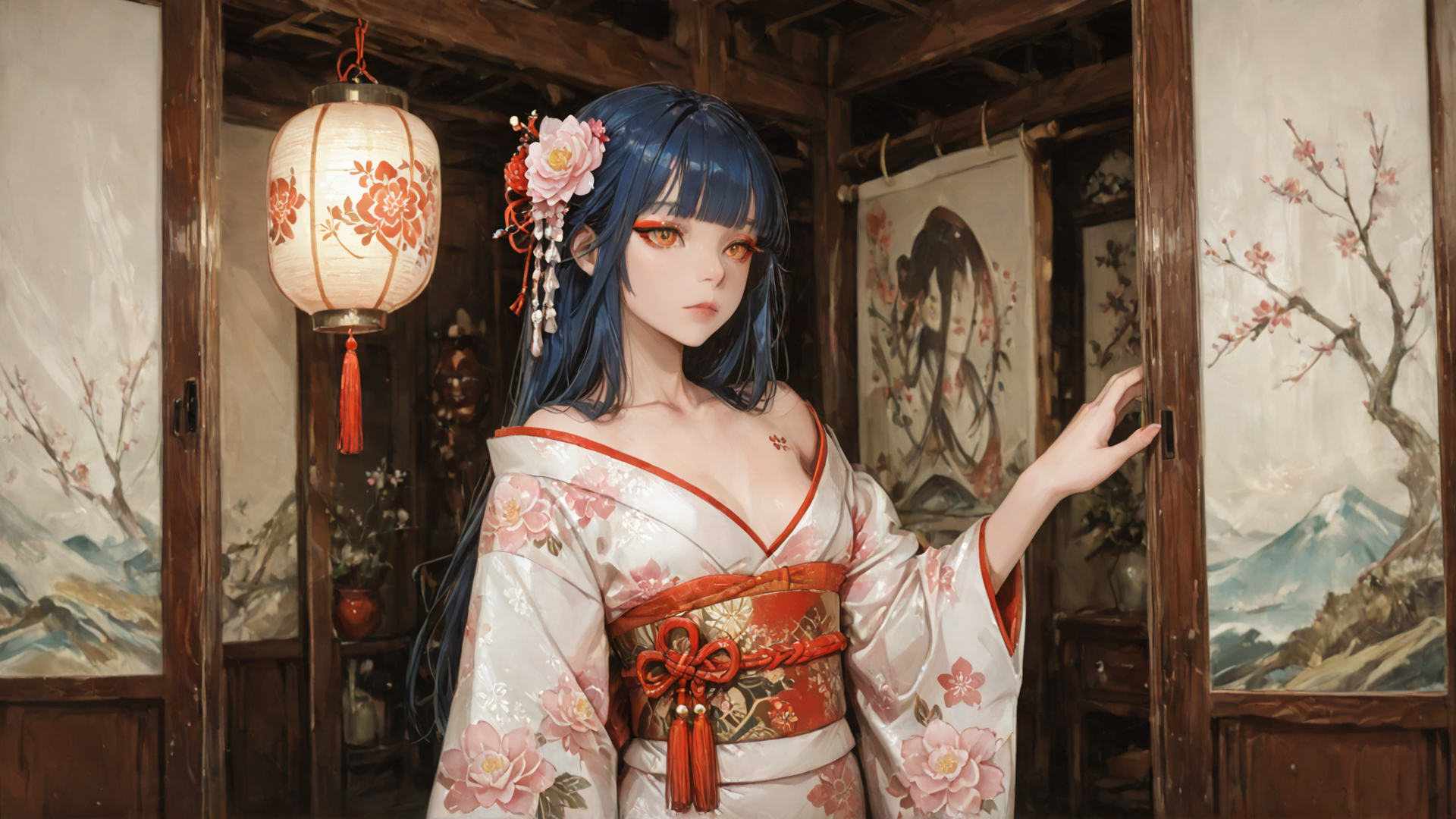 AI generated wallpaper featuring woman, kimonos, lantern, mural, painting, door, flower, hair, mountain, statue