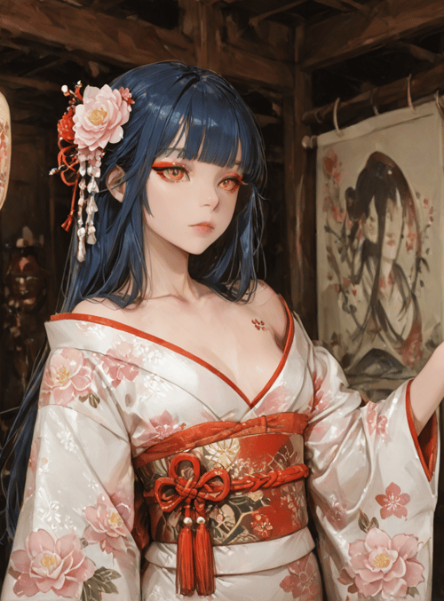 woman, kimonos, lantern, mural, painting, door, flower, hair, mountain, statue