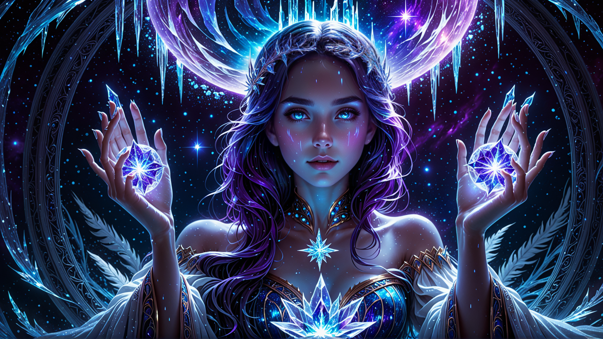 AI generated wallpaper featuring goddess, crystals, moon