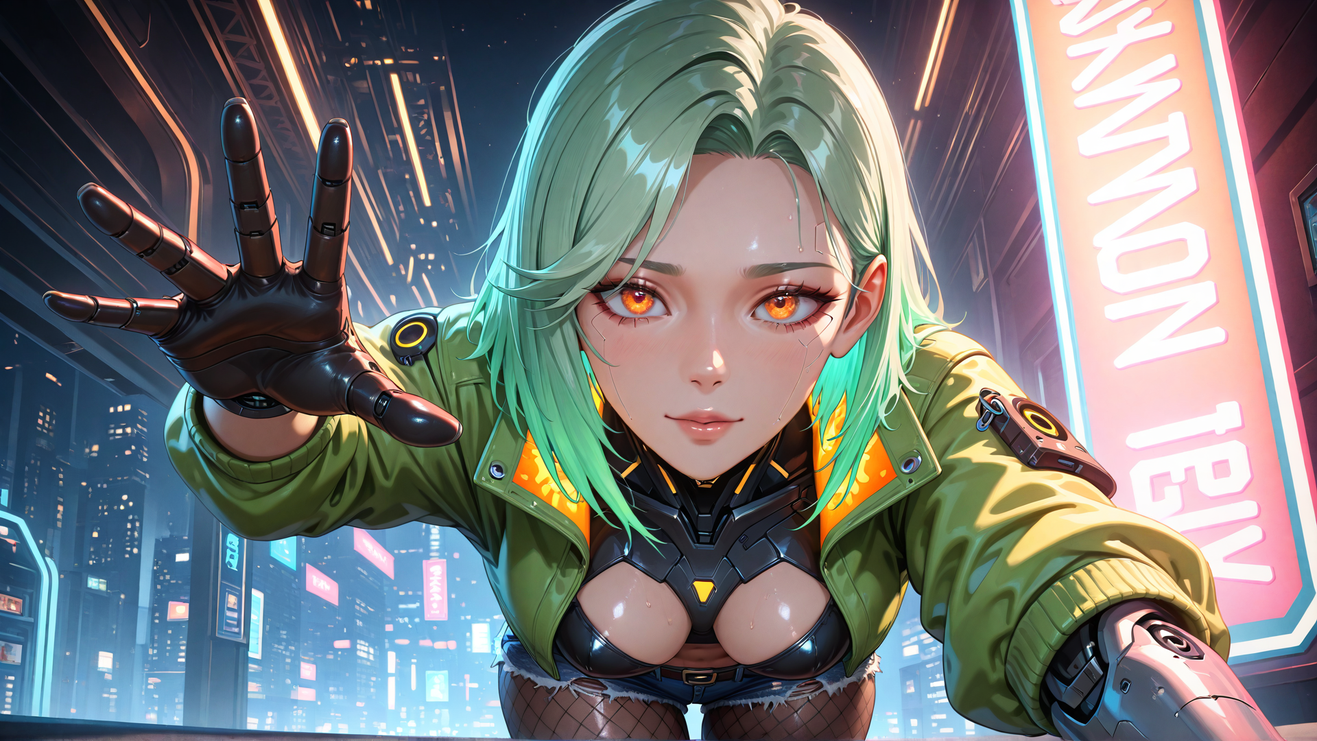 AI generated wallpaper featuring cyborg, woman, glove, jacket, cityscape, neon, sign, hand, gloves, city