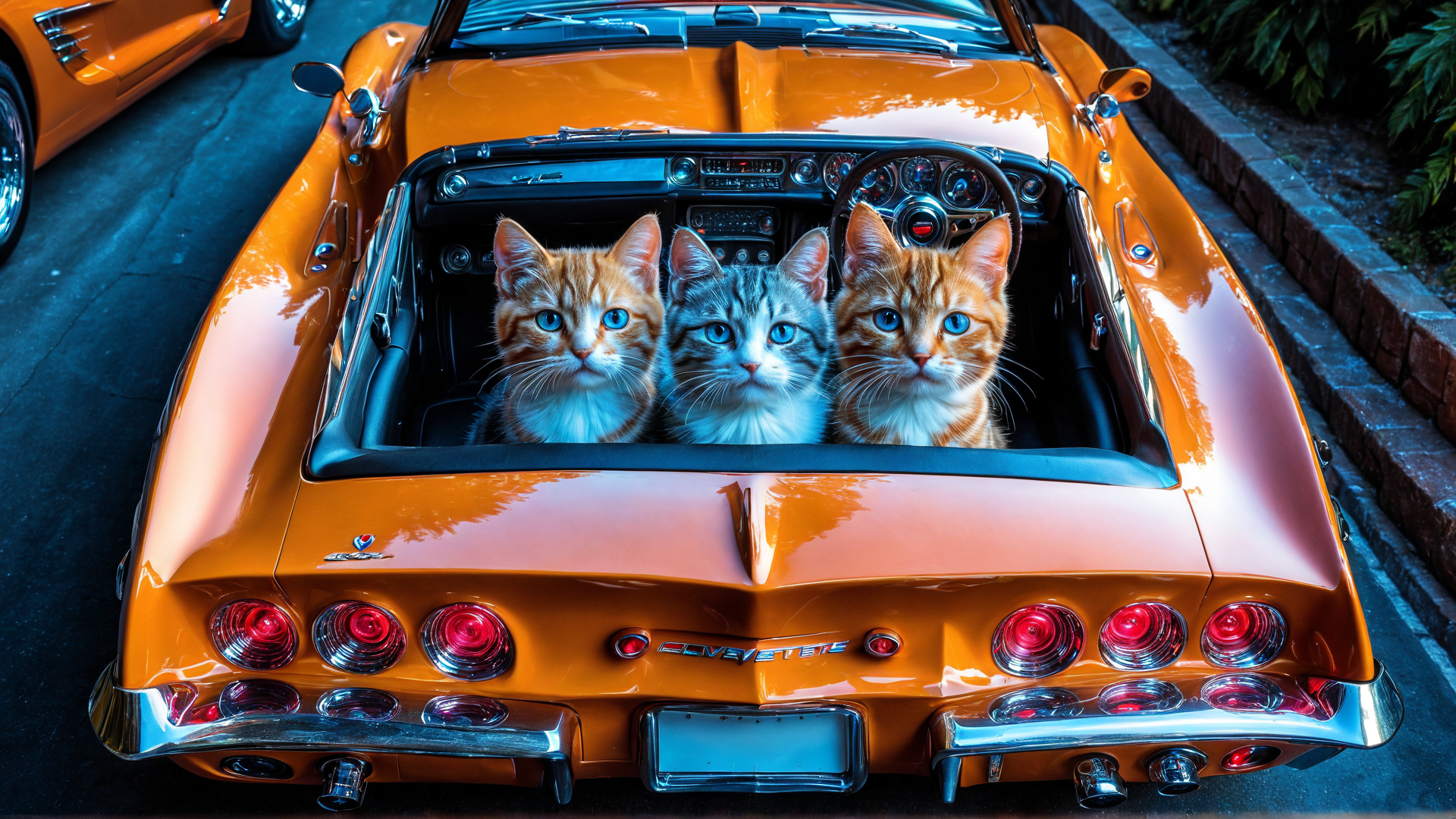 AI generated wallpaper featuring cats, car