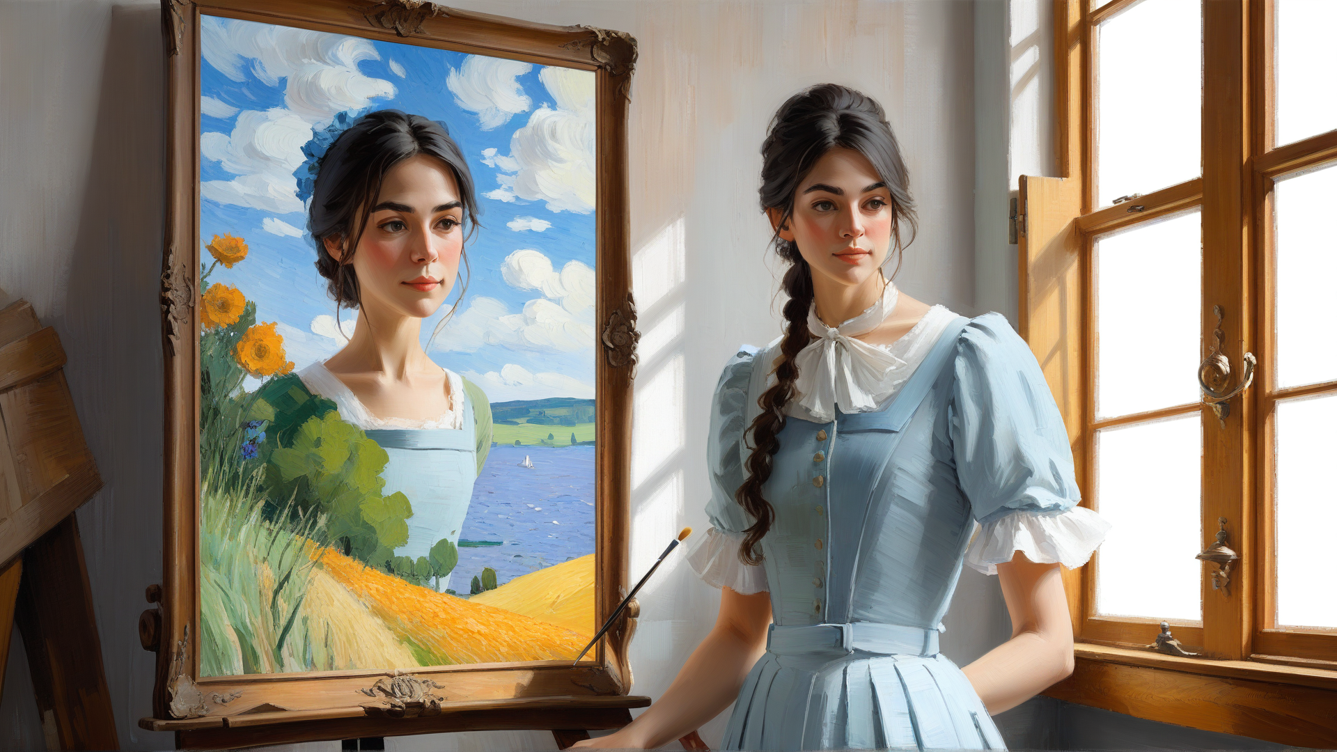AI generated wallpaper featuring woman, painting, paintbrush, window, dress, art, landscape, braid, flowers, sky