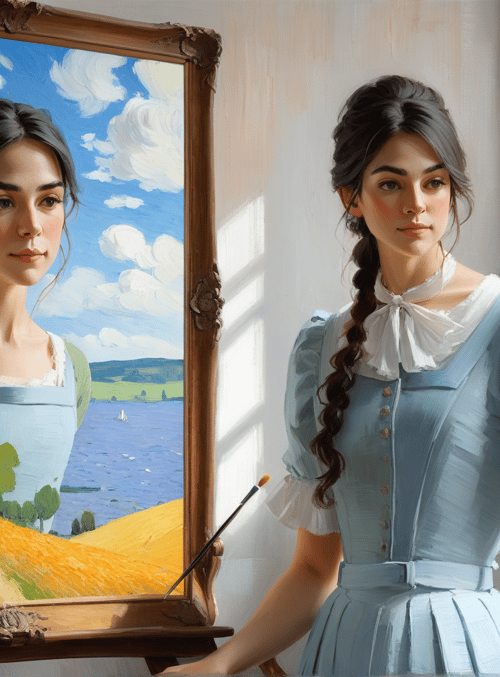 woman, painting, paintbrush, window, dress, art, landscape, braid, flowers, sky