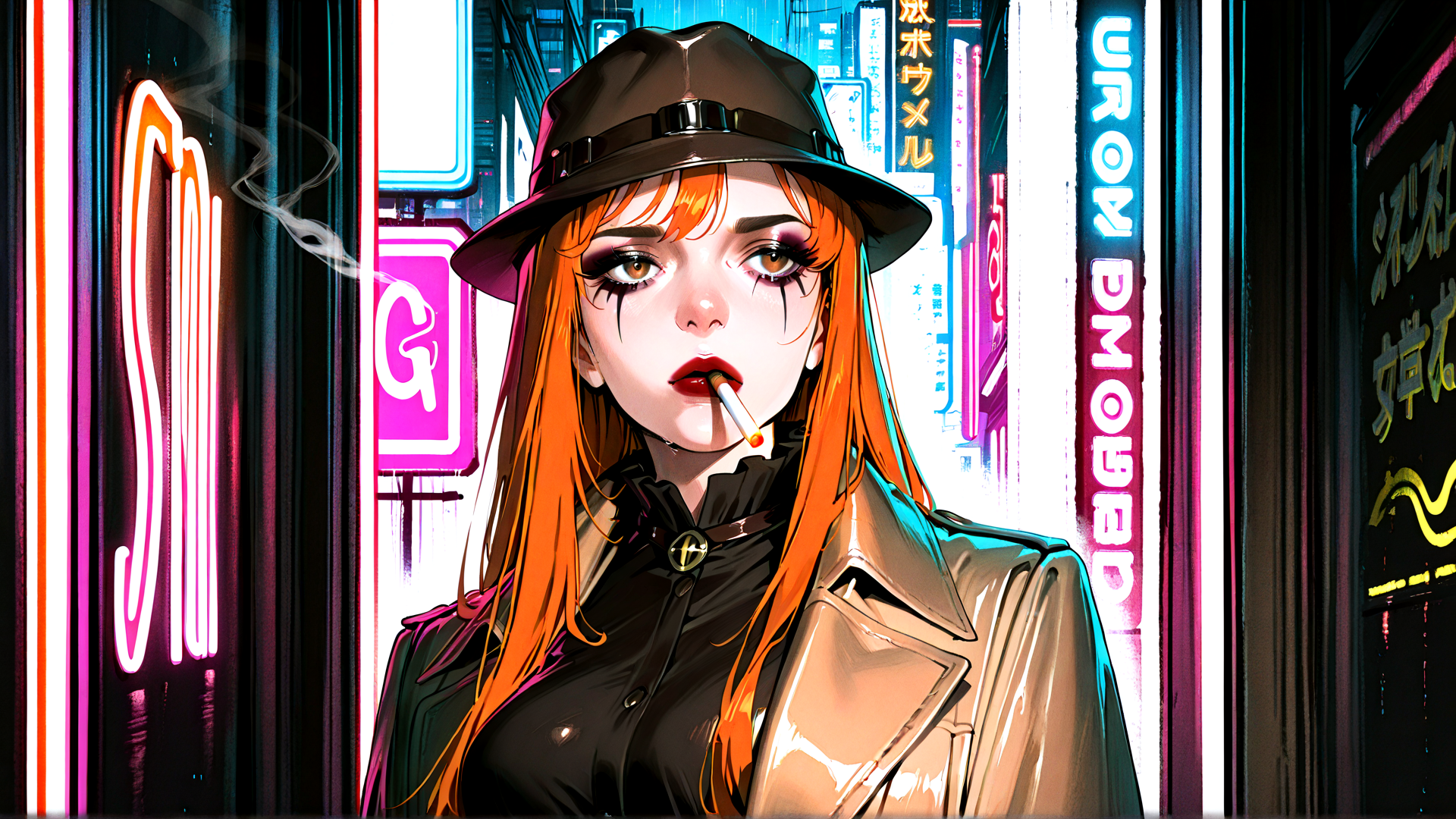 AI generated wallpaper featuring woman, neon, city, hat, cigarette, coat, signs, cyberpunk, orange hair, smoke
