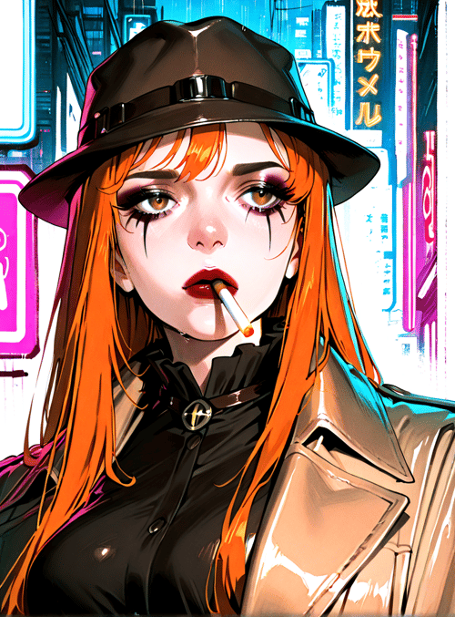 woman, neon, city, hat, cigarette, coat, signs, cyberpunk, orange hair, smoke