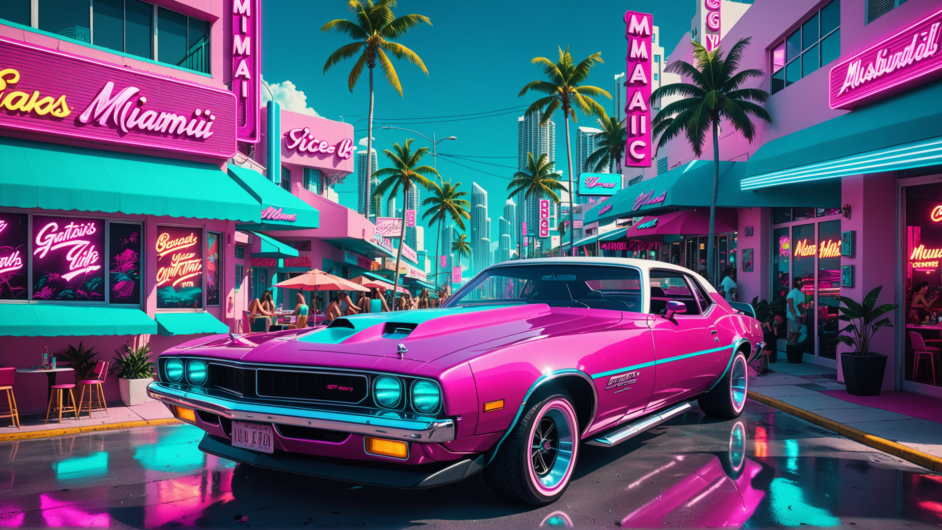 AI generated wallpaper featuring car, street, buildings