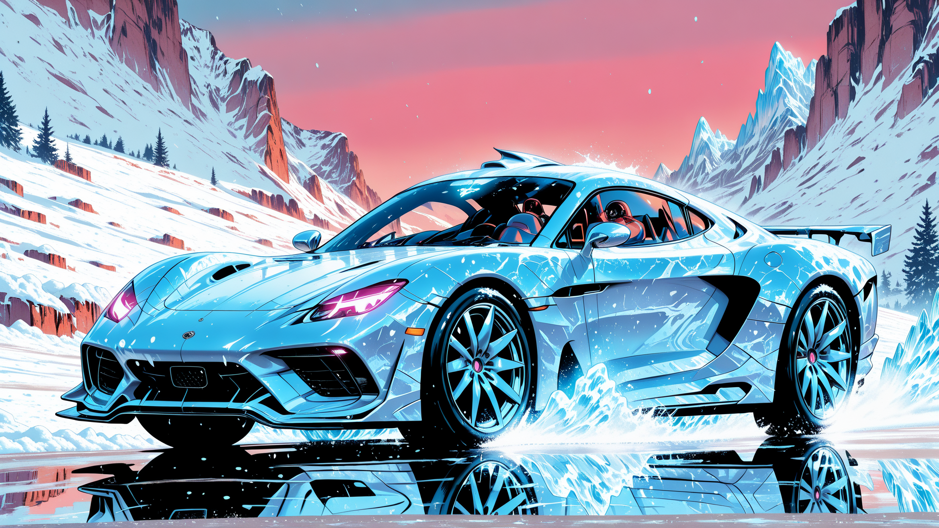AI generated wallpaper featuring car, mountains, snow, trees