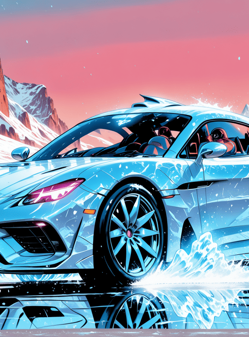 car, mountains, snow, trees