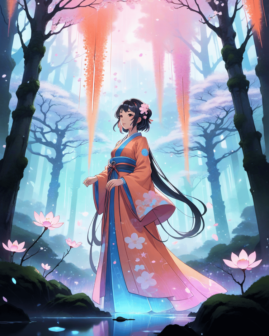 AI generated wallpaper featuring girl, lotus, trees