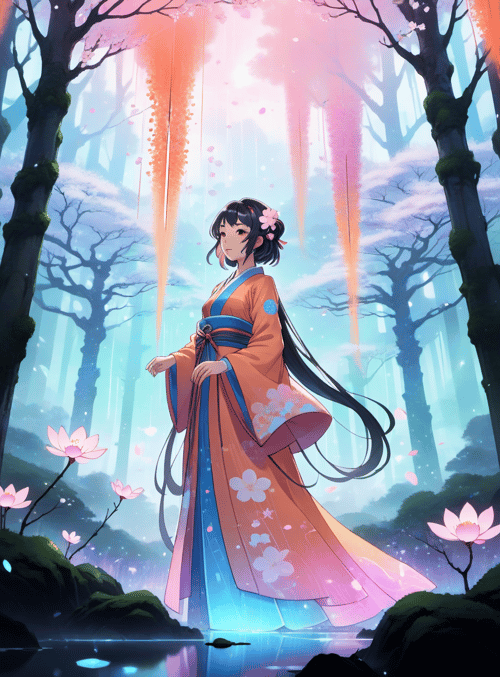 girl, lotus, trees