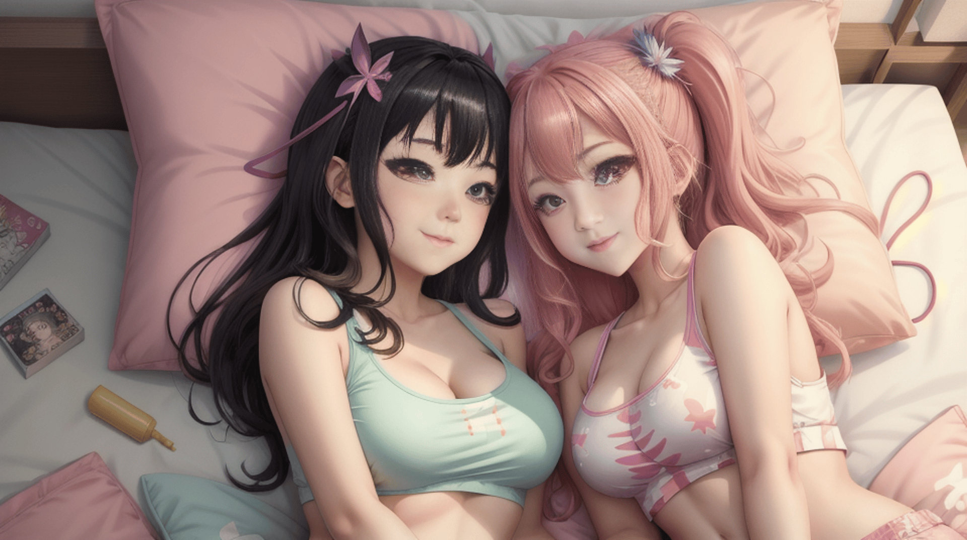 AI generated wallpaper featuring girls, bed, pillow