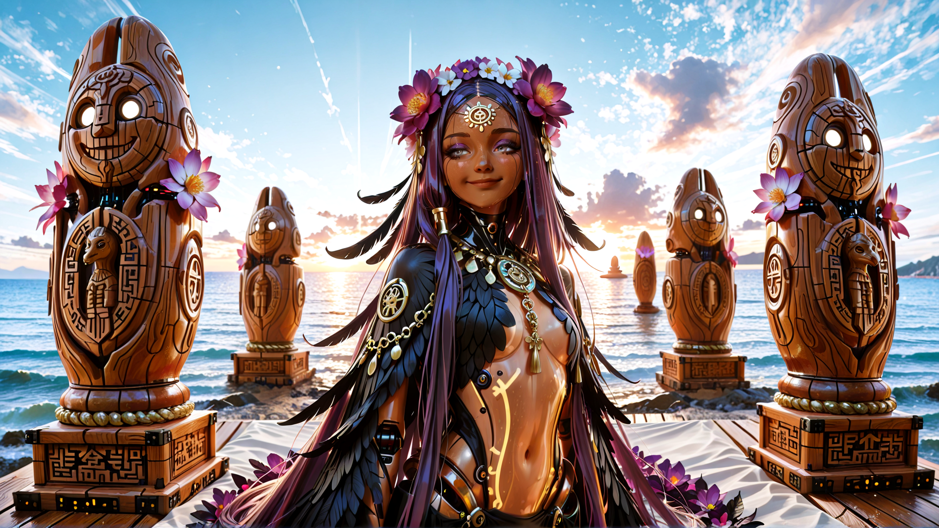 AI generated wallpaper featuring woman, statues, flowers, ocean, sunset, feathers, necklace, headdress, sun, clouds