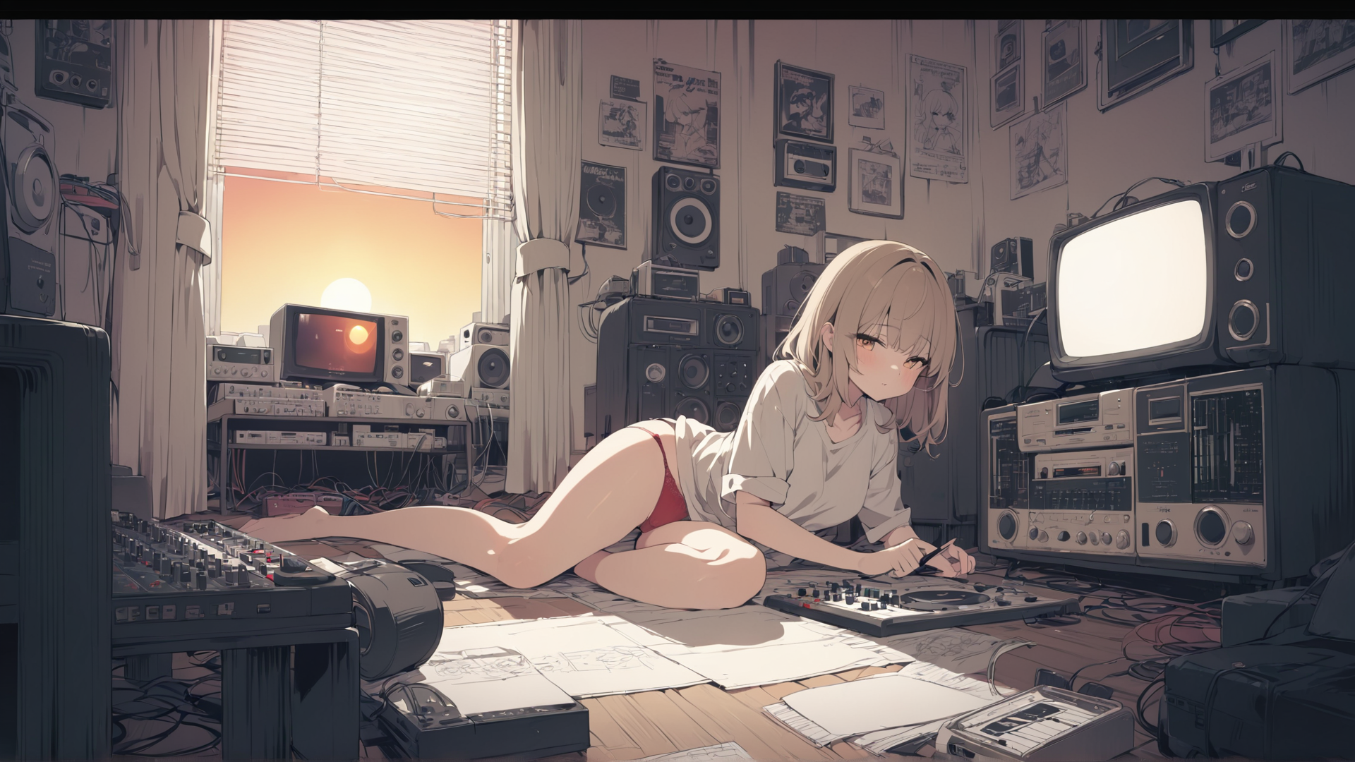 AI generated wallpaper featuring girl, audio equipment, room